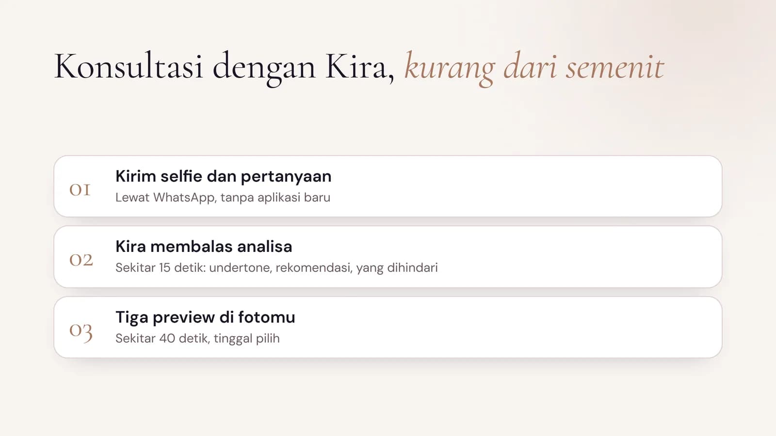 How to consult Kira in under a minute: send a selfie and question, Kira replies with an analysis in about 15 seconds, three previews on your photo in about 40 seconds