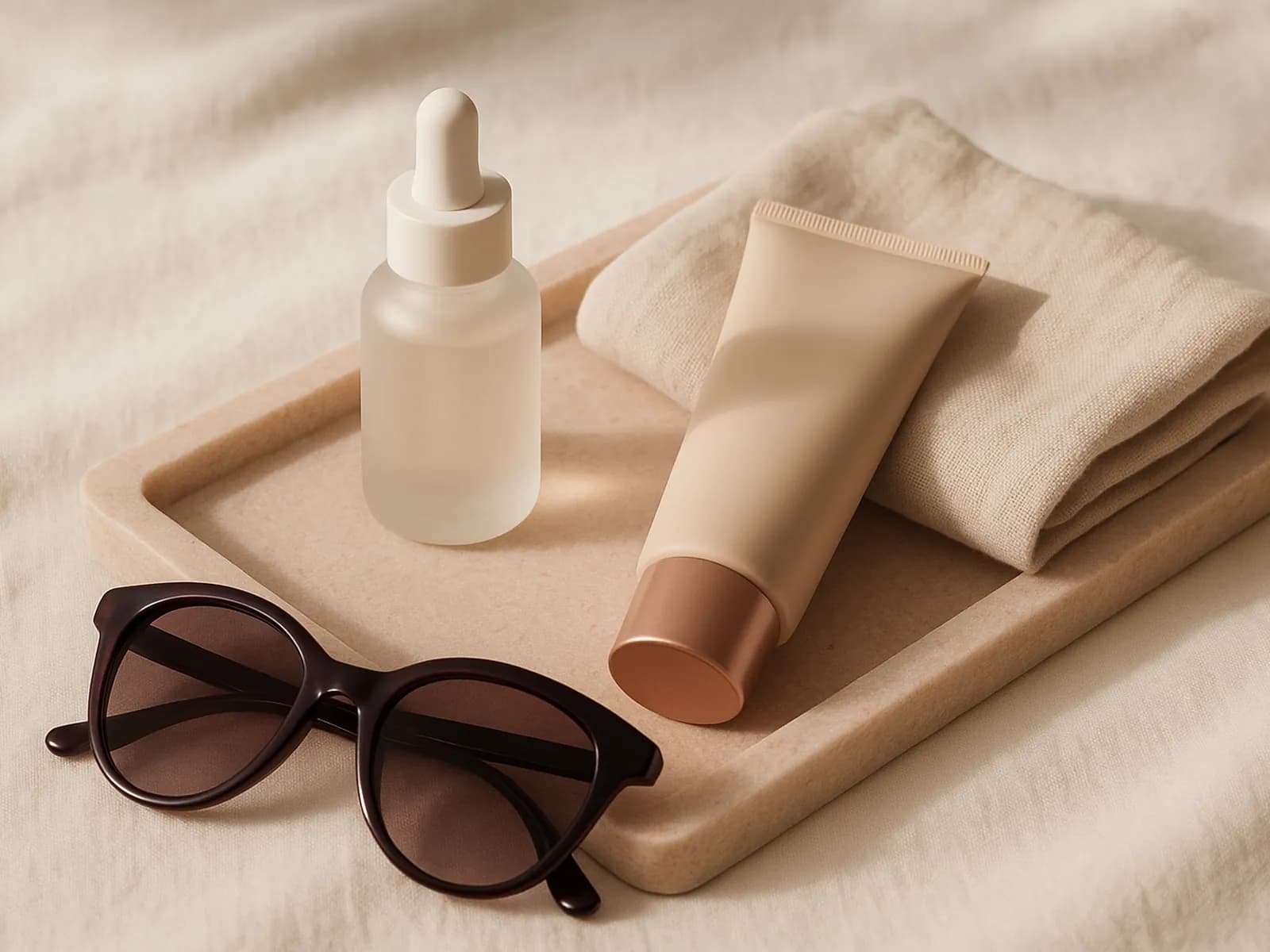 Botol serum, tube sunscreen, kacamata hitam, dan kain linen di atas nampan batu, ilustrasi cara mencegah penuaan dini