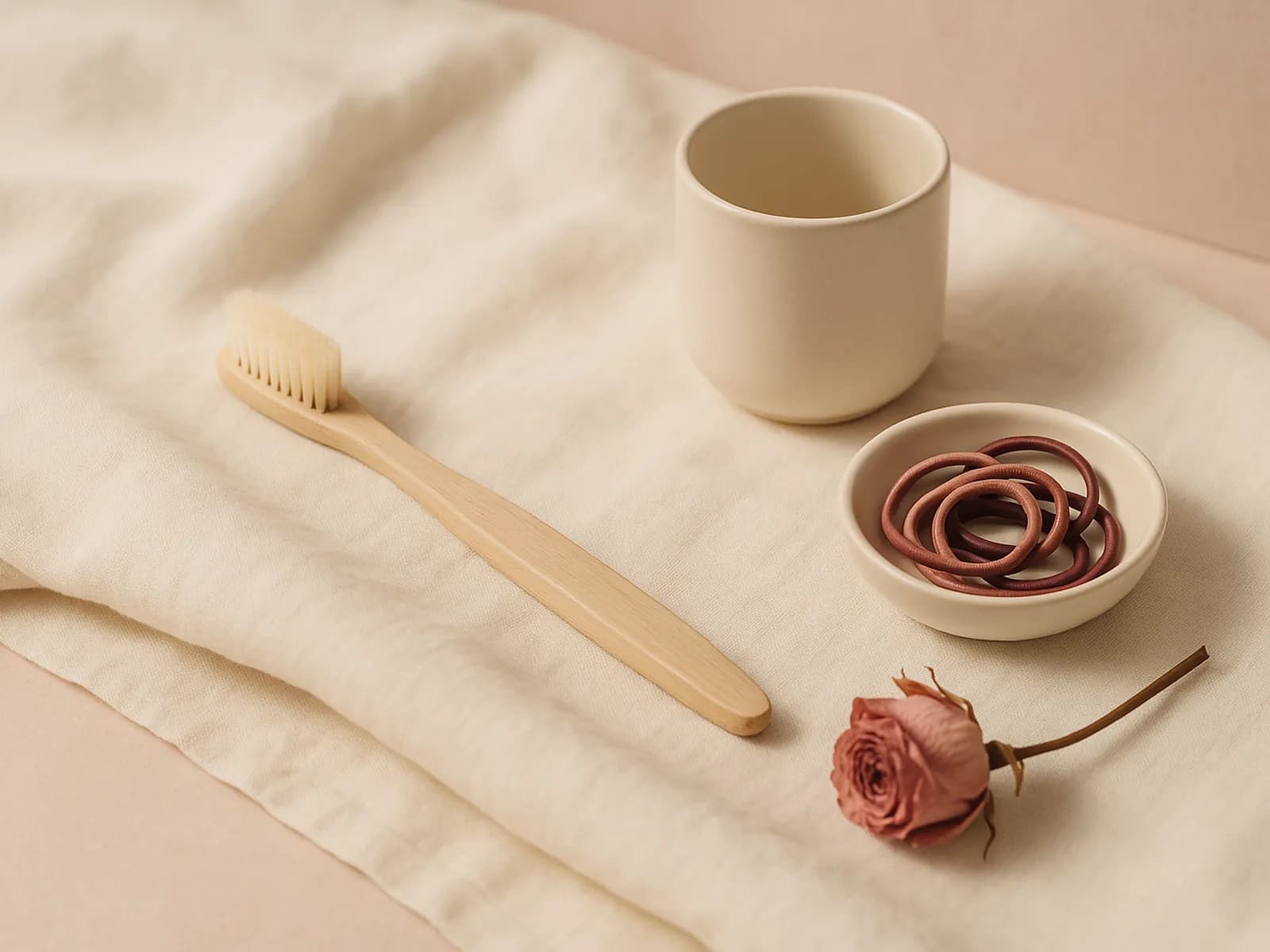 A soft-bristled toothbrush, a cream ceramic cup and a small dish of rose and burgundy bands on linen, illustrating braces band colours