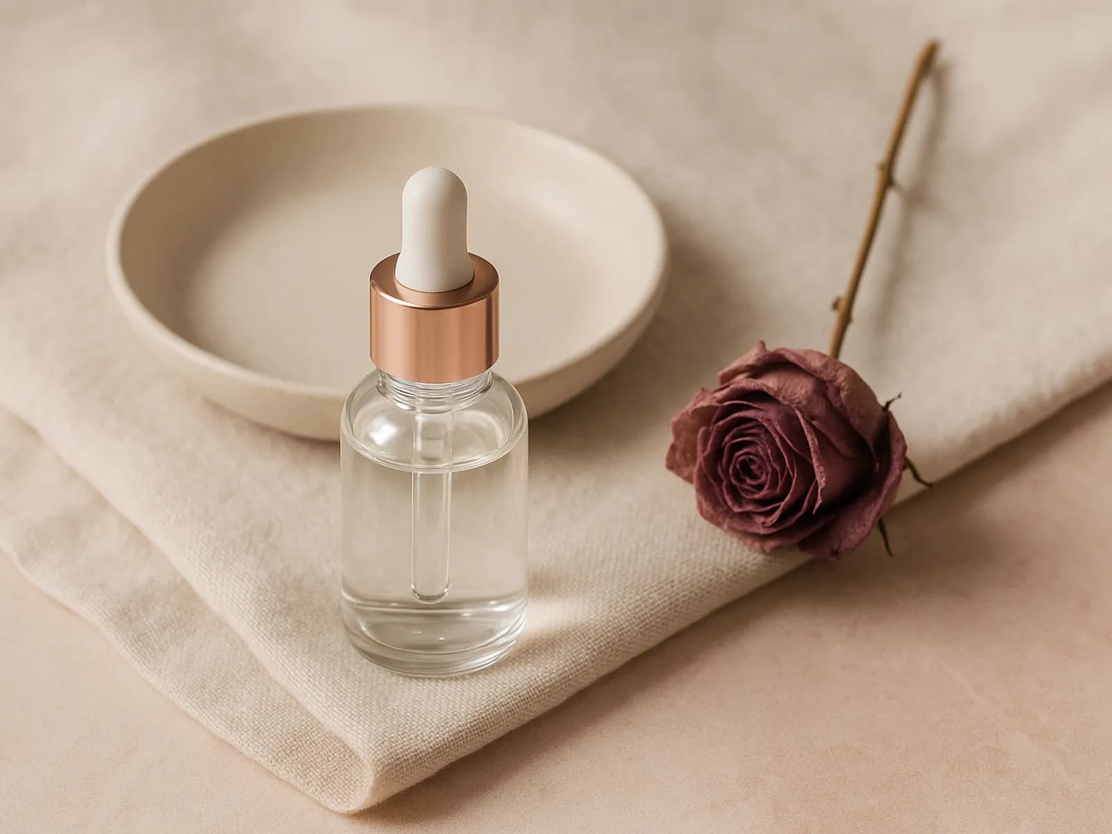 Botol pipet kaca tanpa label, piring keramik krem, dan mawar kering di atas kain linen, ilustrasi treatment exosome dan stem cell