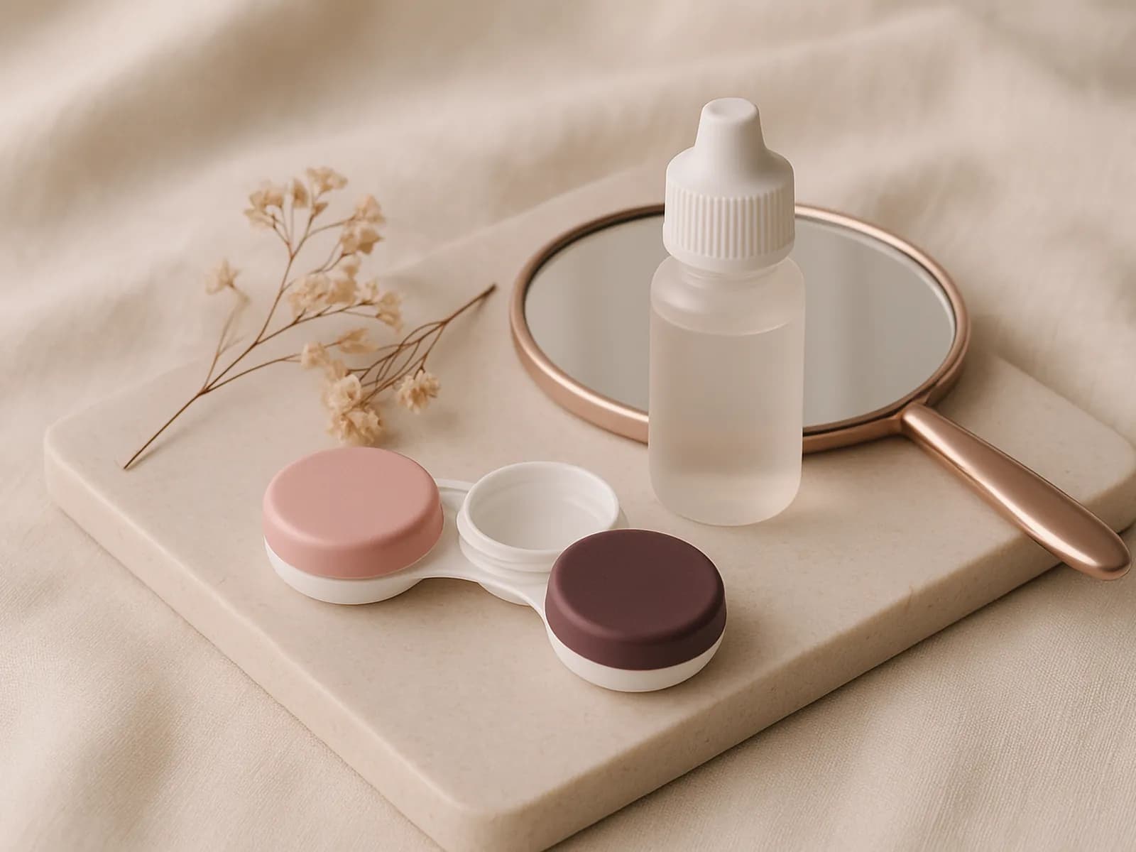 Wadah softlens, botol cairan lensa, cermin, dan bunga kering di atas nampan batu, ilustrasi warna softlens yang cocok