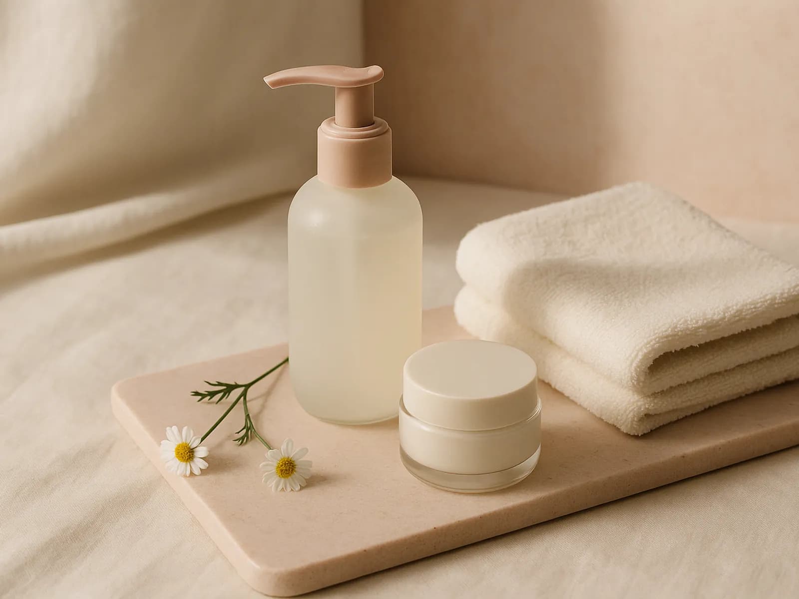 Botol cleanser, krim tanpa parfum, bunga chamomile, dan handuk lembut di atas nampan batu, ilustrasi skincare untuk kulit sensitif