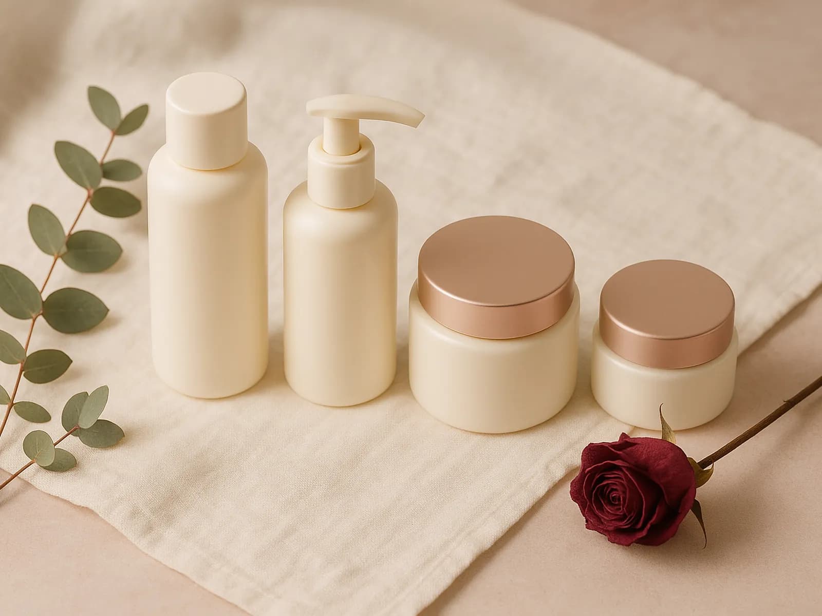 Botol dan toples skincare polos tanpa label, ranting eucalyptus, dan mawar kering di atas kain linen, ilustrasi Wajib Halal untuk kosmetik