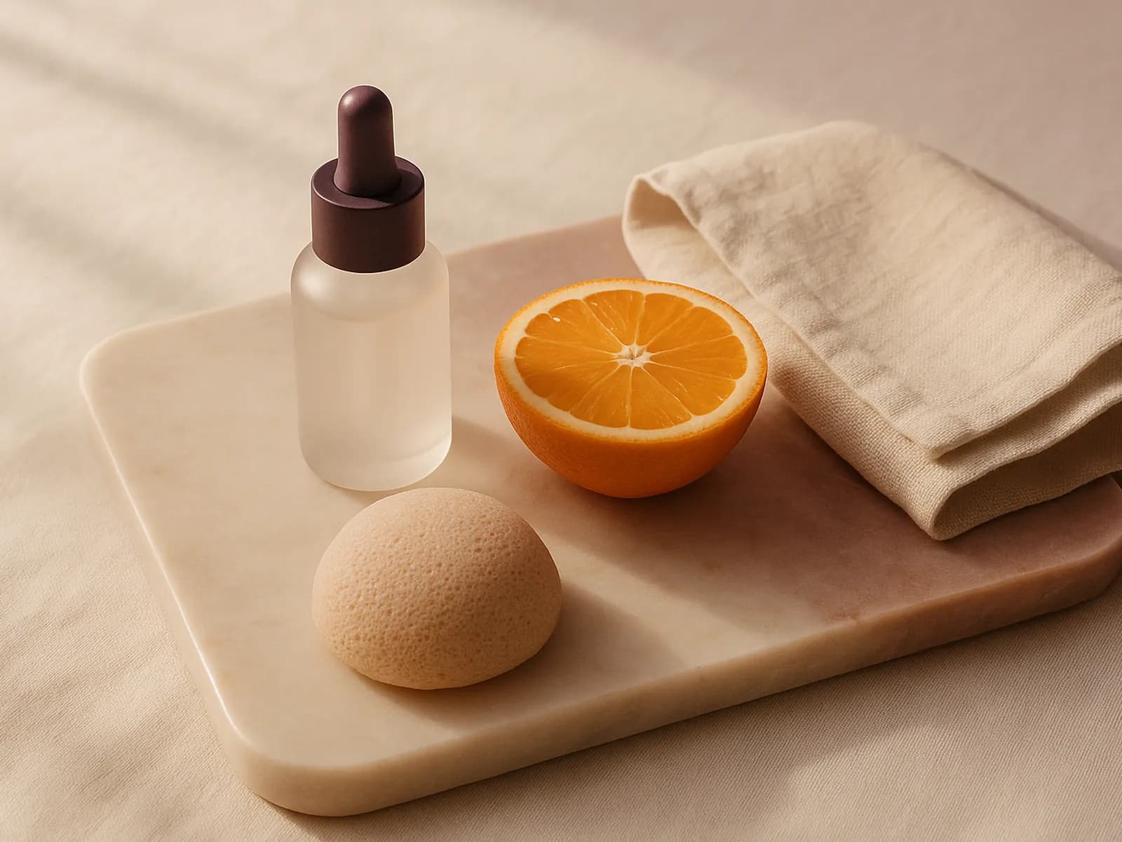 Botol serum, potongan jeruk, spons konjac, dan kain linen di atas nampan marmer, ilustrasi cara mengatasi kulit kusam