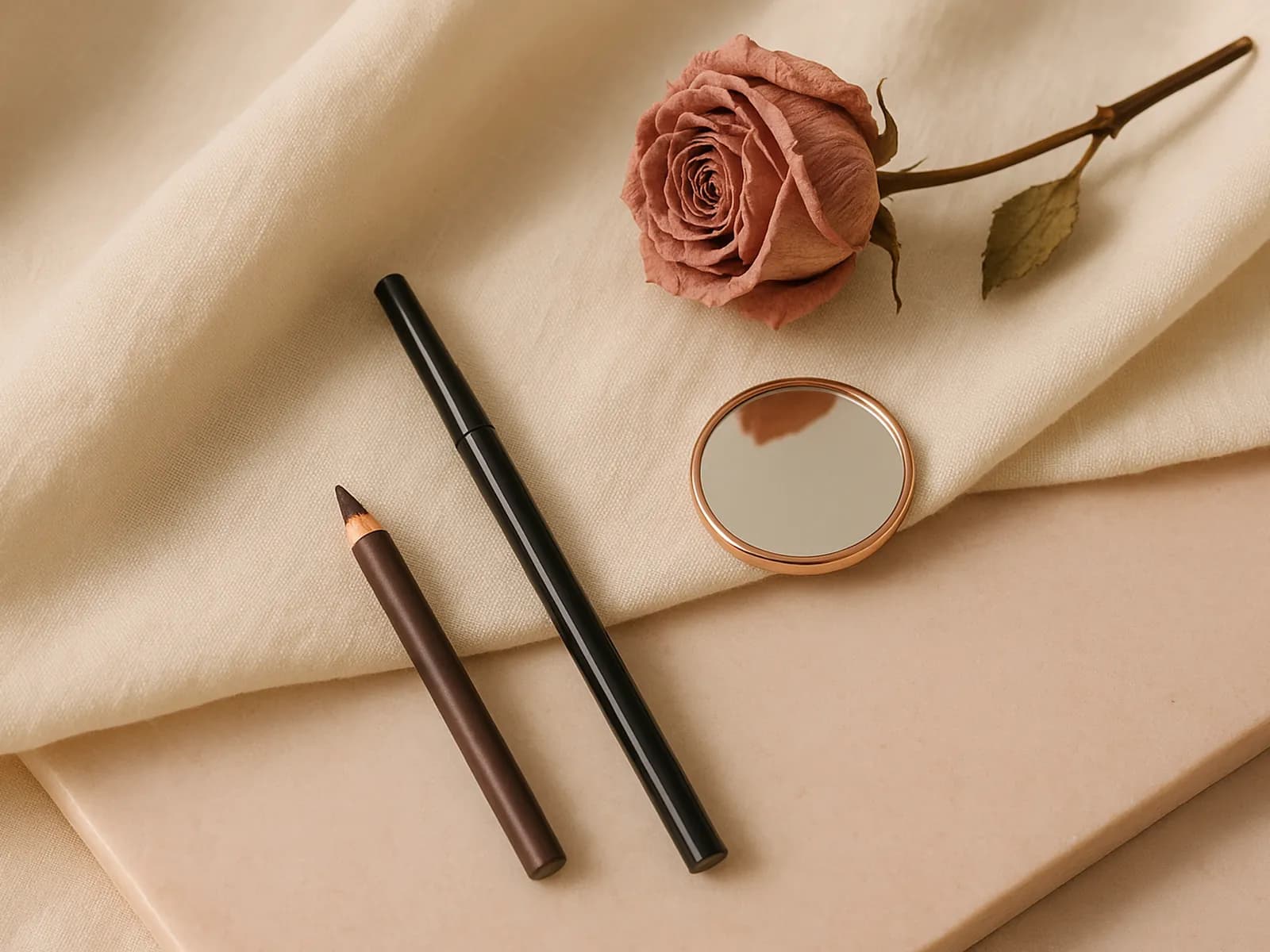 Eyeliner pen hitam, pensil cokelat, cermin bulat kecil, dan mawar kering di atas kain linen krem, ilustrasi model eyeliner sesuai bentuk mata