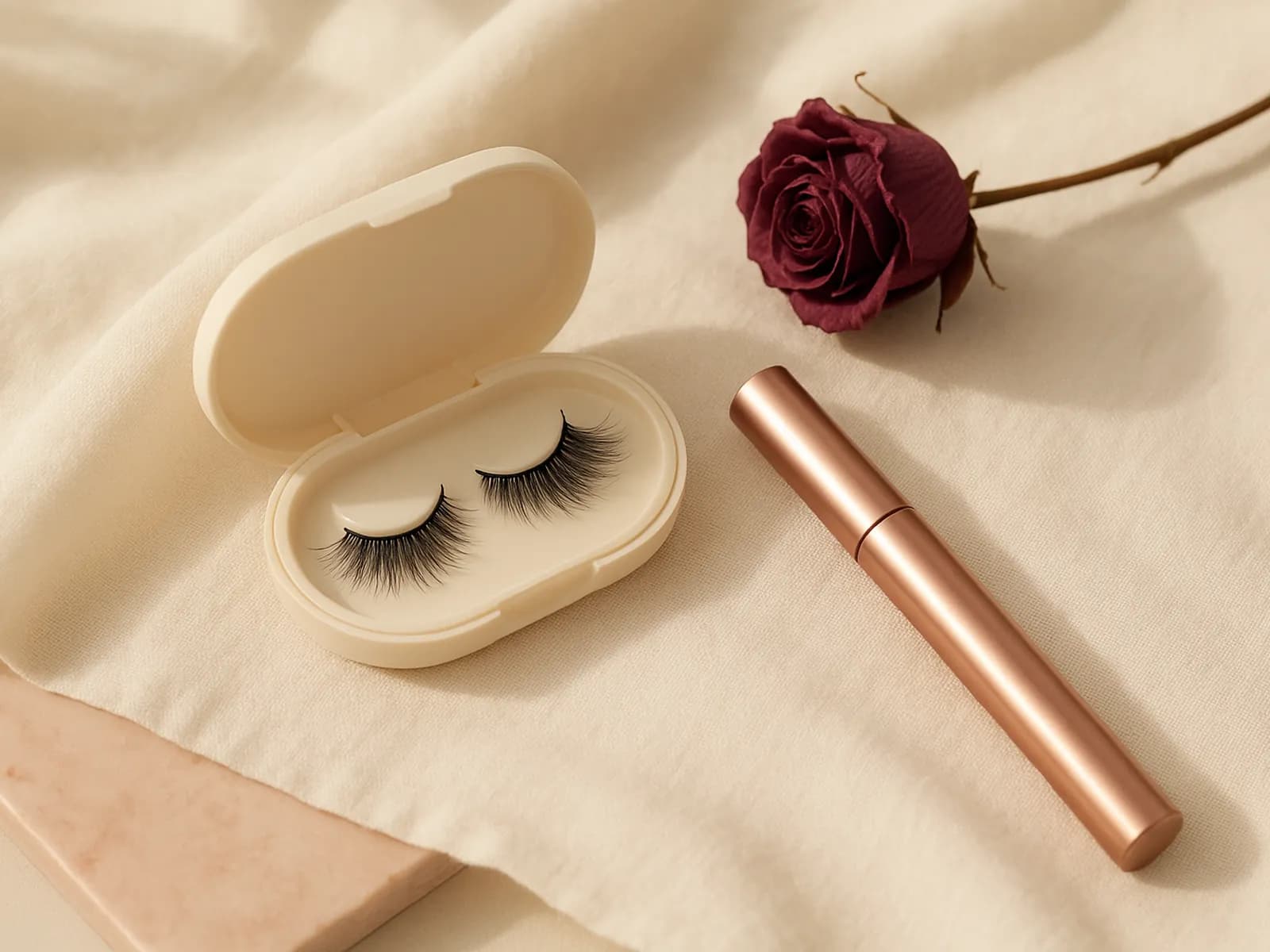False eyelashes in a cream case, a rose gold mascara and a dried rose on linen, illustrating eyelash styles for your eye shape