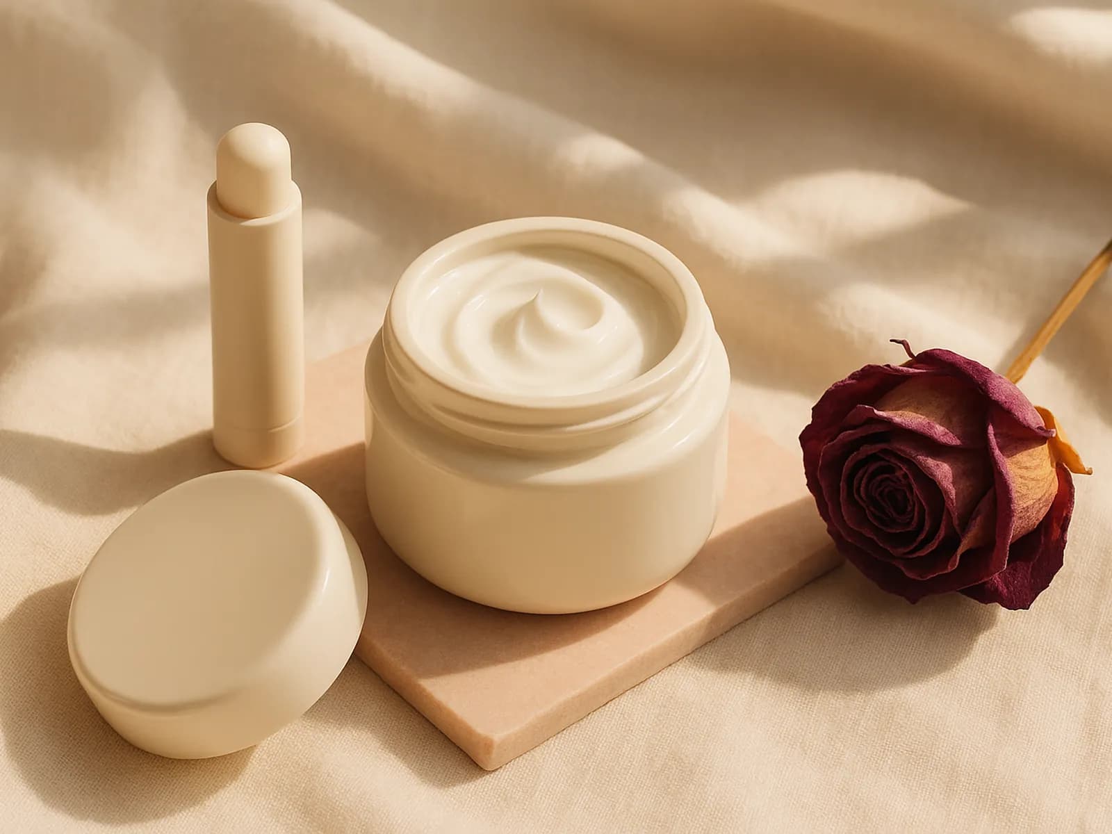 An open jar of moisturiser, a plain lip balm and a dried rose on linen in sunlight, illustrating how to care for dry skin