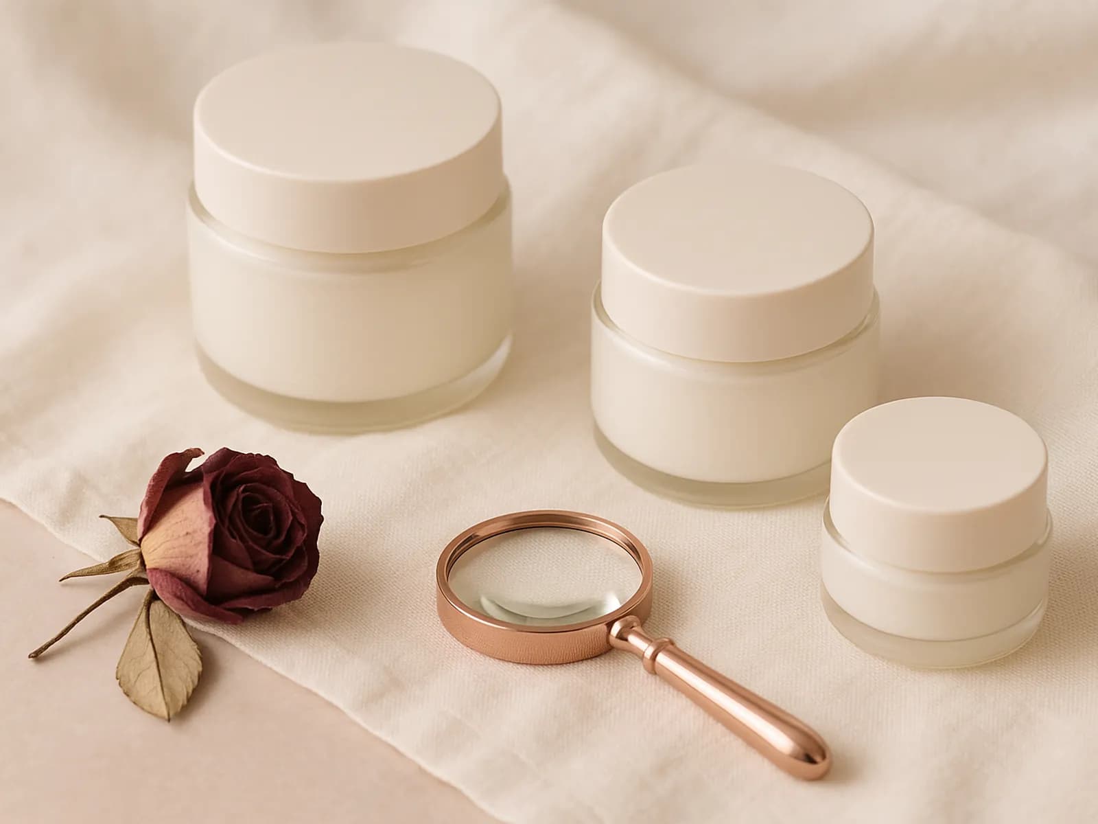Three plain unlabelled cream jars, a rose gold magnifying glass and a dried rose on linen, illustrating how to check if cosmetics are safe