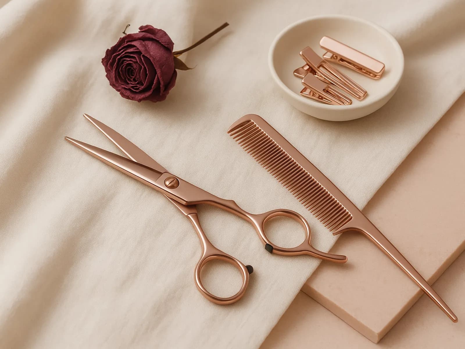 Rose gold hair scissors, a comb and hair clips on cream linen with a dried rose, illustrating bangs for your face shape