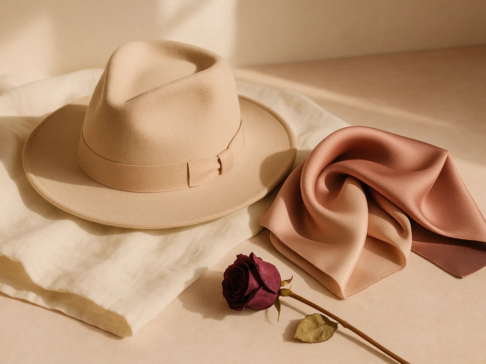 A beige wide-brimmed fedora on linen beside a silk scarf and a dried rose, illustrating hats for your face shape